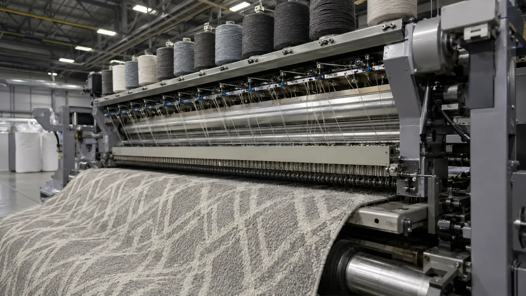 Industrial carpet tufting machine in operation at Infibra Living factory