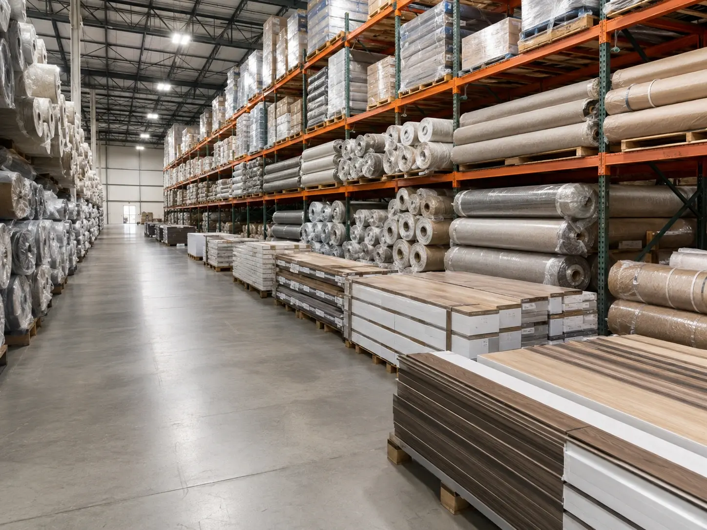 Warehouse with carpet and rug rolls ready for EU-wide dispatch