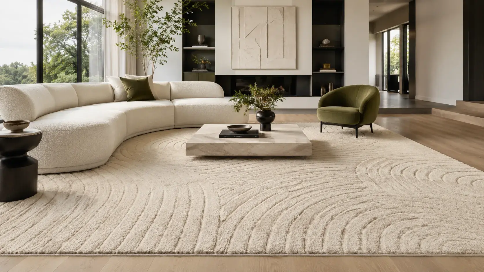 Luxury hand tufted wool carpet in a modern European living room — Infibra Living flooring