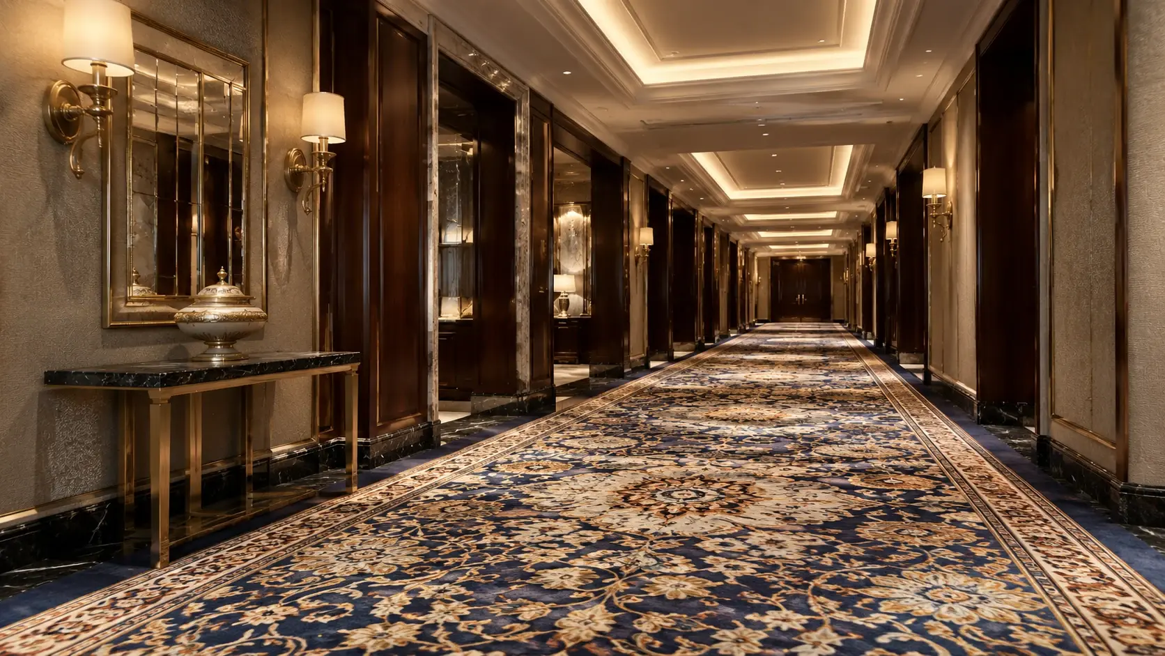 Woven Axminster carpet in a grand hotel corridor — hospitality flooring Europe