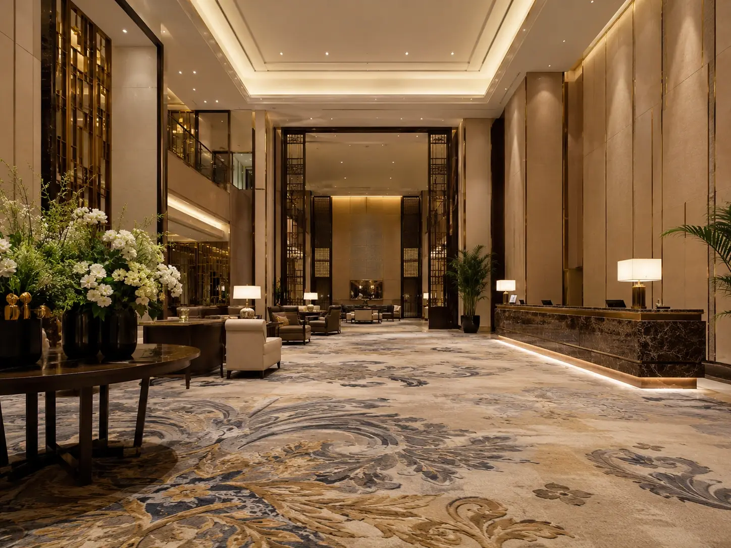 Luxury hotel lobby with custom Axminster carpet installation