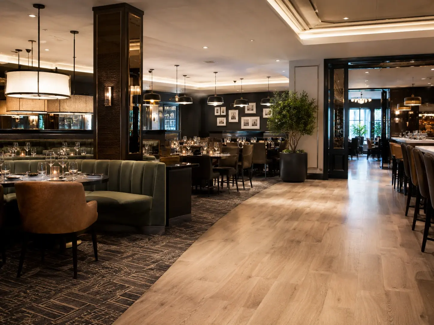 Upscale restaurant with mixed carpet and rug flooring